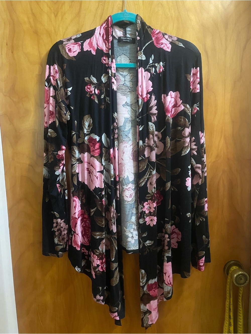 Floral Draped Open-Front Cardigan - Black with Pink Floral